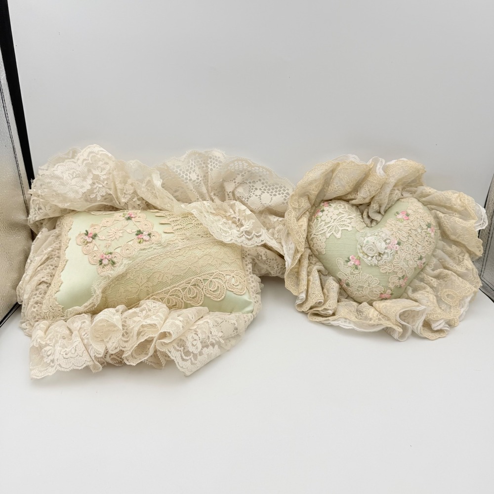 Ago Vintage Style Lace Ruffle Decorative Accent Pillows Heart Rectangle Set 2